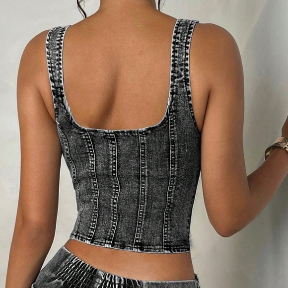 Vintage Black Denim zip up Bustier Crop Top - Picture 3 of 5
